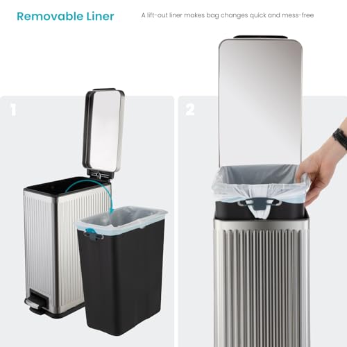 Image of Home Zone Living 8 Gallon Kitchen Trash Can with Slim Fit Design | Stainless Steel with Soft-Close Step Pedal Lid, Bag Tuck Band for Easier Bag Changes, Rectangular Shape, Reeded Style, Silver