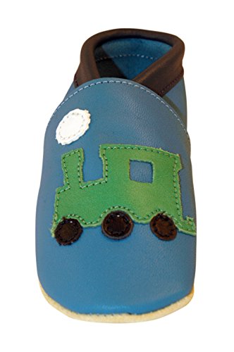 Scarpe da bambino Three Little Imps fatte a mano in morbida pelle- Treno verde che sbuffa su sfondo blu 18-24m (TRGB)