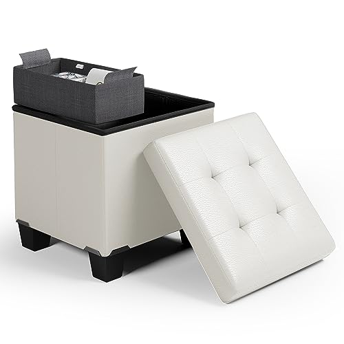 Storage Ottoman Cube with Storage Bin, 15-In Square Ottoman with Storage for Living Room and Bedroom, Small Ottoman Foot Rest, Foot Stools Ottoman, White Storage Chest Max 660lbs, Faux Leather Ottoman