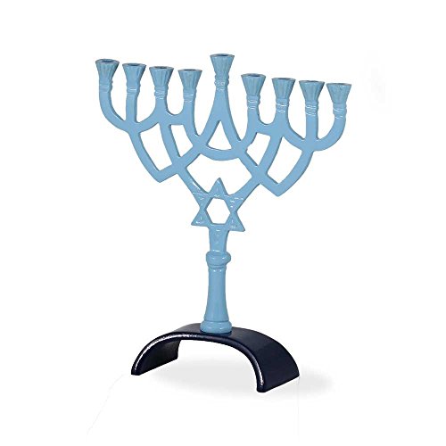 Zion Judaica Classic Hanukkah Menorah Aluminum with Star of David (Blues Enameled)