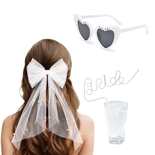 Bachelorette Party Veil - Edgy Embroidered Bow Headpiece Bride Sunglasses and Straw | 2-Layer Pearl Veil Bridal Shower Photo Booth Must-Have Dare Game Props Bride to Be Survival Kit