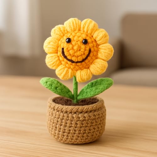 Image of 14Cm Height Handmade Crochet Smiling Flower Pot for Home & Office Decor, Cute Aesthetic Desk Showpiece, Positive Vibes Table Decor, Thoughtful for Mom (Joy Bloom Yellow)