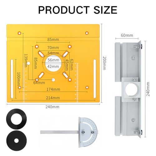 Image of Serplex Aluminum Router Table Insert Plate for Palm Router 85x85mm & 70x60mm Trimmer Compatible Panel with Protractor Fence T Slot Tracks & Scale, Woodworking Router Mount Plate