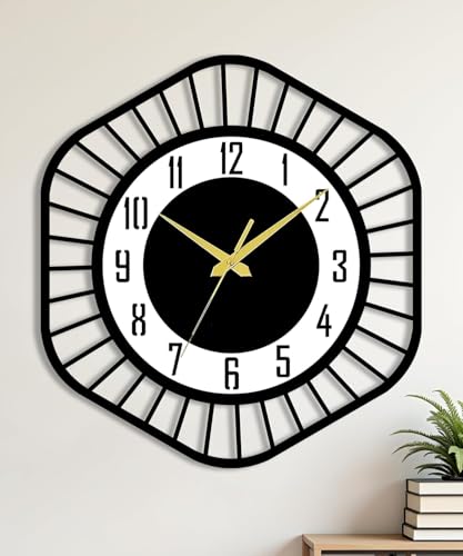 Image of Wall Clock Stylish Metal Analog Wall Clock for Living Room, Bedroom, Office, Kitchen, Home and Hall | Antique Fancy Big Size Modern Wall Watch (Black ST-62, 60 CM)