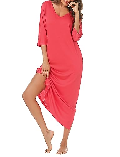 Uniexcosm Nachthemd Damen Lange Baumwolle 3/4 Ärmel Nachtkleid Nachtwäsche V-Ausschnitt Freizeitkleid Loose Fit Sleepshirt Sleepwear mit Taschen E: Rosarot L