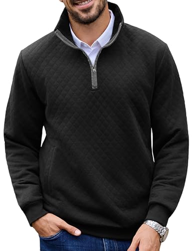 URRU Men’s Quarter Zip Pullover Quilted Sweater Long Sleeve Mock Neck Polo with Pocket