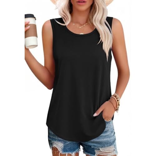 elescat Womens Tank Tops Summer Sleeveless Loose Fit Casual Tunic Top Small A Black