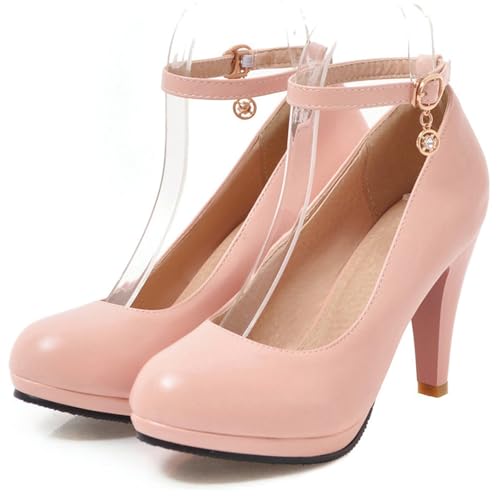 Women Cone Heel Pumps with Platform Ankle Strap High Heel Shoes Round Toe Buckle Elegant Bridal Shoes, Size 1-122