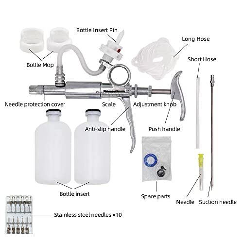 5ML Livestock Syringe Injection,Adjustable Continuous Injection Gun Semi-Automatic Syringe with 10 Needles for Horses, Cattle, Pigs, Sheep