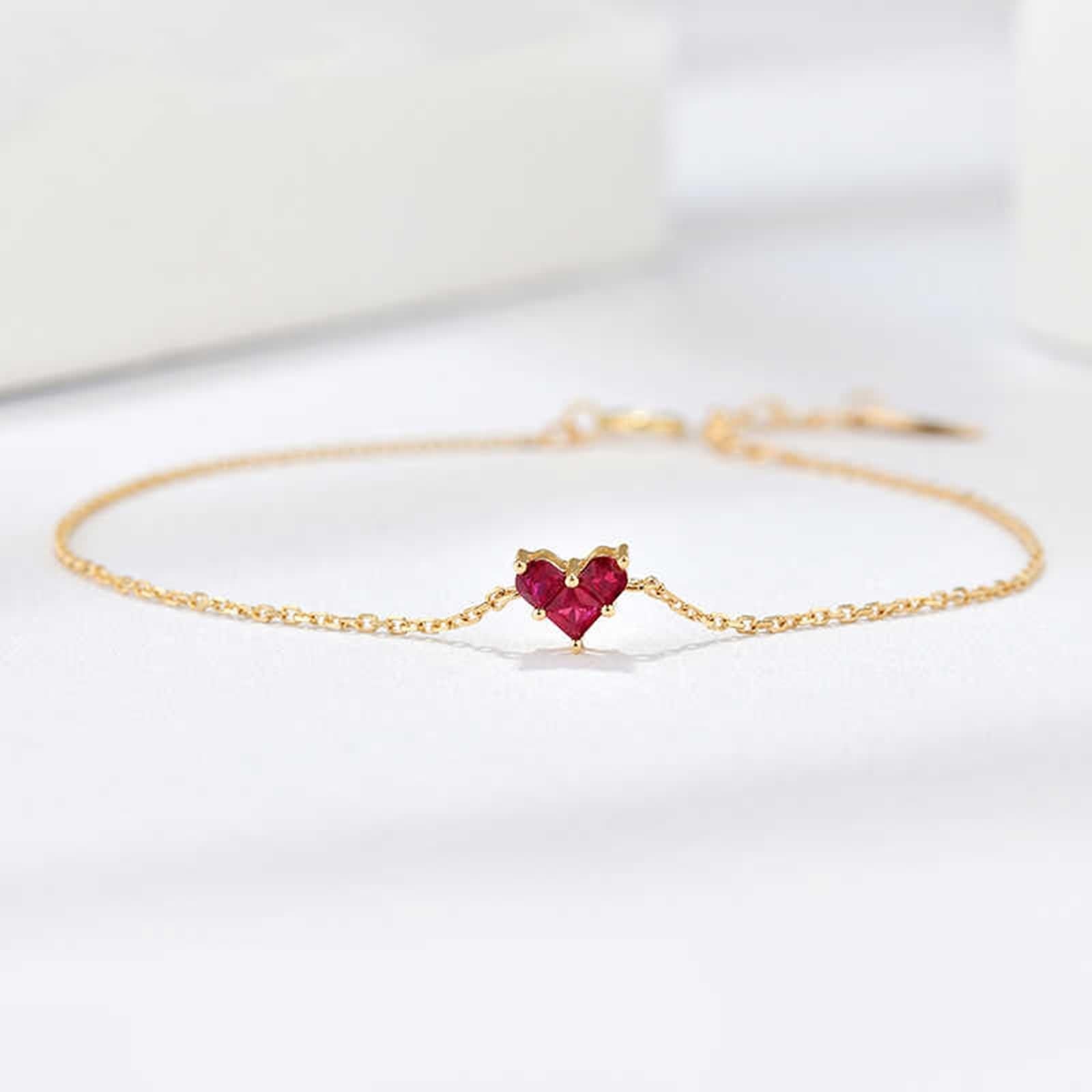 Pulseras para mujer, diseño de corazón, pulsera de promesa de rubí rojo de 0,21 quilates, joyería de oro amarillo con diamantes