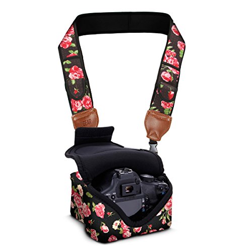 Dslr Camera Case/Camera Strap Combo - Floral Neoprene Design With Accessory Pocket Plus Camera Strap With Storage Pockets By Usa Gear 2-In-1 Package - Works With Nikon, Canon, Sony & More #TOP22