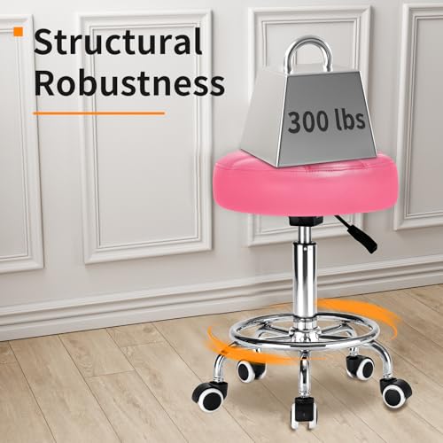 Image of Rolling Stool PU Leather Round - Ultra Soft Padded Seat Cushion Stool with Wheels with Footrest, Weight Capacity 300lb,Adjustable Height Stool for Tattoo Massage Salon Medical Spa Center (Pink)