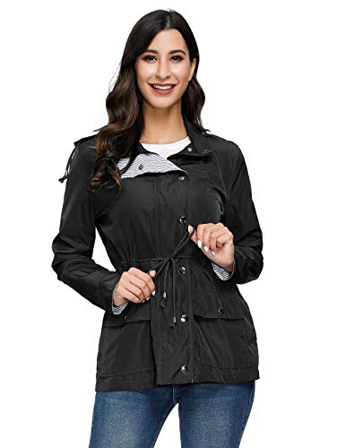 JASAMBAC Raincoat Women Waterproof Hooded Trench Coats Lined Windbreaker Travel Jacket Black L - Thumbnail 3