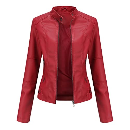 Image of Ladies Faux Leather Jacket Biker Jacket Women Womens Pu Leather Jacket Faux Leather Jackets for Women Stand Collar Fitted Biker Leather Motorcycle Jacket Women Plus Size Faux Leather Coat Women Red L