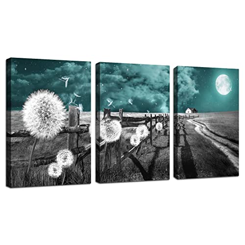 FajerminArt 3 Panels Dandelion Canvas Wall Art Modern Teal Sky Moon Farmhouse Art Paintings on Canvas Prints for Living Room Bedroom Bathroom Ready To Hang Stretched On Frame 40x60cmx3 Pcs