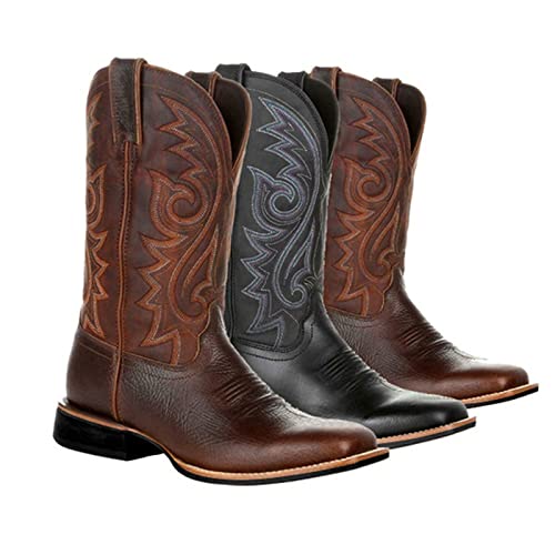 Cowboy Boots for Men,Leather Retro Embroidered Middle Tube Thick Soled Lightweight Durable Country Western Boots for Men
