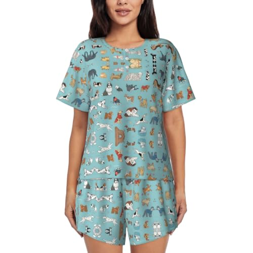Pijama de 2 piezas para mujer con estampado de perros de manga corta y pantalones