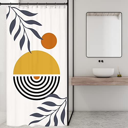 Image of Riyidecor Stall Small Abstract Boho Mid Century Half Size Dorm Shower Curtain 36x72 Inch Funky Geometric Minimalist Aesthetic Modern RV Single Narrow Decor Fabric Bathroom Set Polyester Waterproof