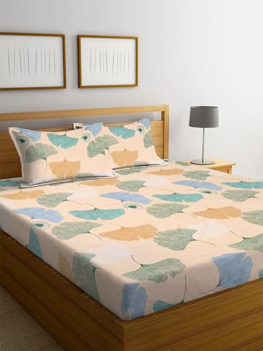 Image of NEW LEAF Premium Cotton Elastic Fitted Bedsheets with 2 King Size Pillow Covers | Double Bed with All Around Elastic 180 TC Supersoft | Size - 72 King Sizex78+10 inches | Pastel Ginkgo