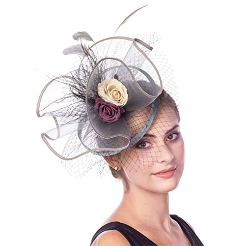 Fascinators Hat for Women Flower Cocktail Tea Party Derby Kentucky Wedding Headwear Top Hat, 2-grey, Medium - Thumbnail 4