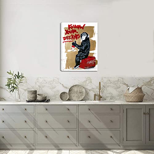Banksy Canvas Wall Art Framed Graffiti Wall Art Pop Art Gorilla Poster Follow Your Dreams Monkey Artwork For Walls For Living Room Bedroom 12"X16" #TOP1