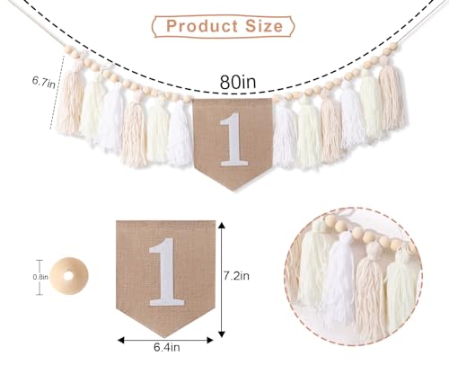Image of 1st Birthday High Chair Banner - White Tassel Theme Banner For Girl - First Birthday Party Banner - White Fringe Wood Bead High Chair Wreath- Wall Hangings Decorative for Kids Bedroom Nursery Party Holiday Classroom Decoration (white)