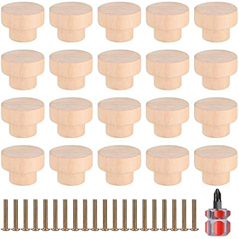 Heozhuyi 20 Pcs Wooden Door Knobs Handles, 35mm Wooden Round Kitchen Furniture Drawer Cupboard Wardrobe Cabinet Door Pulls Knobs Handles, with Screws and Mini Screwdriver Cover
