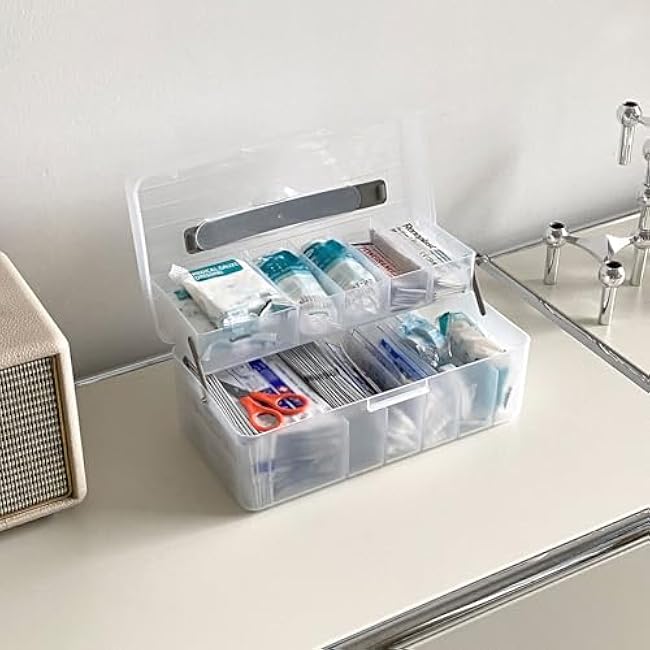 Bandage Organizer with Lid and Handle, Plastic Bandaid Storage Container for Home Medicine Cabinet, First-Aid Holder for Strip, Medical Elastic Wrap, Alcohol Swab Sorter Box, 2 Pack