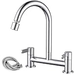 Peppermint Kitchen Mixer Taps 2 Hole with 2 Function Aerator Kitchen Sink Mixer Taps Dual Lever Chrome Bridge Sink Mixer Tap for Kitchens 360° Swivel 180MM Center Deck Mounted 1/4 Turn Faucet