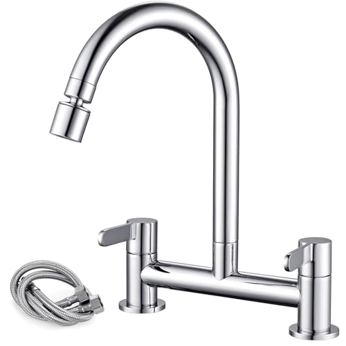 Peppermint Kitchen Mixer Taps 2 Hole with 2 Function Aerator Kitchen Sink Mixer Taps Dual Lever Chrome Bridge Sink Mixer Tap for Kitchens 360° Swivel 180MM Center Deck Mounted 1/4 Turn Faucet