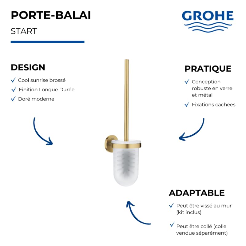 GROHE Start, Toilettenbürstenset WC ohne Bohren (Toilettenbürste mit Halter, zum Kleben oder Bohren geeignet, mit Schrauben und Dübel, Kleber separat kaufen), cool Sunrise, Gold, 41185GN0