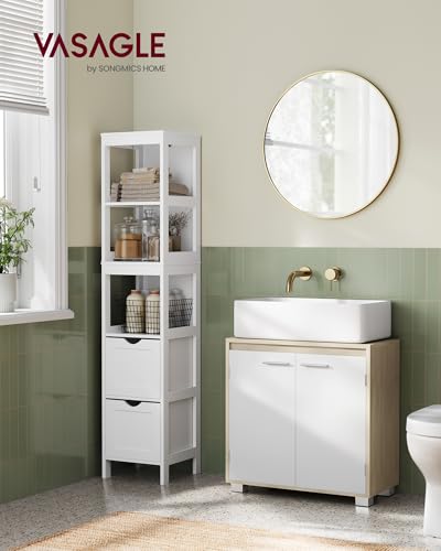 VASAGLE Under Sink Bathroom Cabinet, Under Sink Storage Cabinet, 2 Compartments Behind the Door, Fits Various Washbasins, with Feet, 30 x 60 x 60 cm, Natural Beige and Cloud White BBK506L01 - Image 2