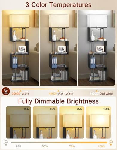 Image of 5-Tier Floor Lamp with Shelves & Remote, Dimmable S-Shaped Bookshelf with 3 Color Temperature, 1-Hour Timer, Tall Corner Standing Lamp for Living Room, Bedroom, Office (Black)