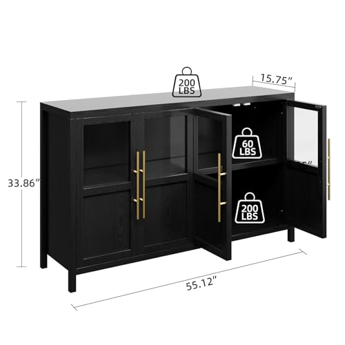 GarveeHome Sideboard Buffet Cabinet with 4 Glass Doors, 55" Buffet Table Coffee Bar Wine Bar Display Cabinet for Kitchen Dining Room, Living Room (Dark, Glass with 4 Doors)