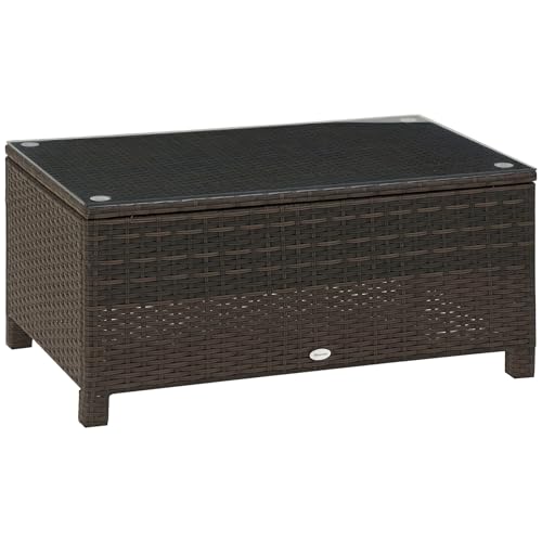 Outsunny Rectangular Outdoor PE Rattan Coffee Table with Tempered Glass Top in Mixed Brown for Garden Use