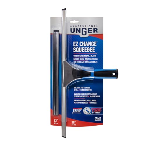 Unger Professional Connect and Clean 18” EZ Change Window and Glass Cleaning Squeegee, Large and Small Windows, Rubber Blade Tool for Streak-Free Results, Includes 12” Channel