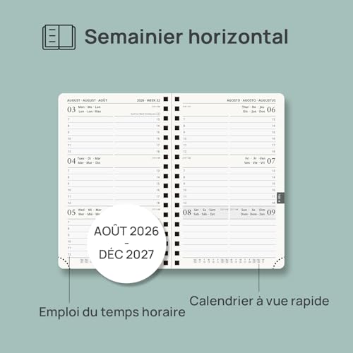 POPRUN Agenda de Poche 2026 2027 Semainier 16 x 10,5 cm,Août 2026-Déc 2027 – vue 3