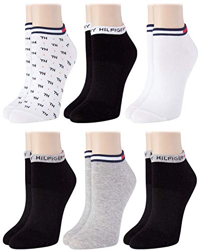 Tommy Hilfiger Women''s 6 Pack Iconic Repeat TH Logo Liner Socks, White/Navy/Grey, Shoe Size: 6-9.5