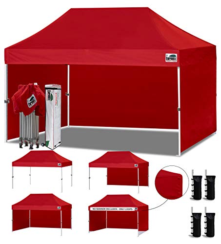 Image of Eurmax USA 10x15 Pop Up Canopy Tent,Commercial Tent with Patented No-Tip Rolling Bag,4 Zippered Removable Walls,UV & Water Resistant Canopy Top,Heavy Duty Outdoor Gazebo,Instant Shelters(Red)