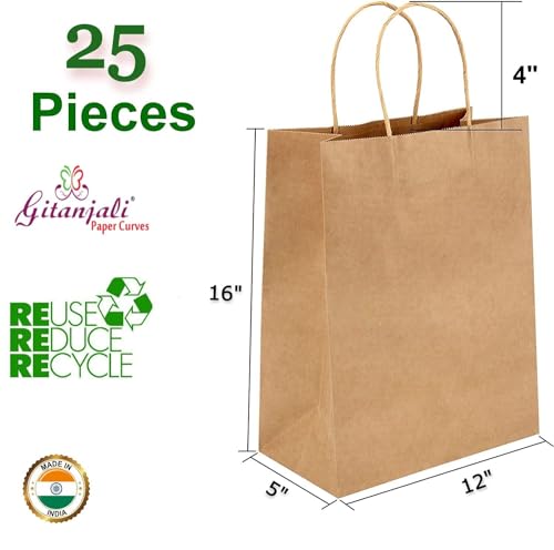 Image of Gitanjali Paper Curves Paper Bags -12x16x5in 25pcs Brown Large Return Gift Bag- Retail Paper Carry Bags- Disposable Recycled Eco Friendly Craft Paper Gifting Covers (Large-Brown, Pack of 25)