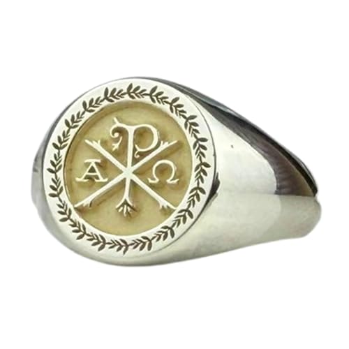 Bague Chi Rho en argent sterling 925 avec chevalière ronde en finition plaquée