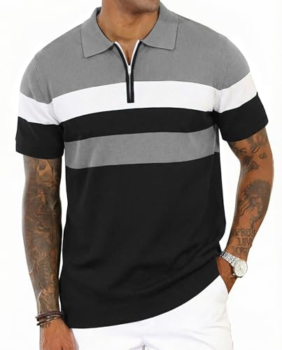 CTU Men's Polo Shirts Vintage Striped Knitting Shirts Contrast Color Casual Golf Shirts Black XXL
