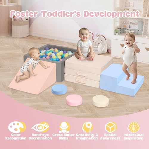 Image of CAMELUS Climbing Toys for 1 Year Old, Baby Foam Climbing Blocks with Large Ball Pit for Toddlers, 7-Piece Soft Play Set, Indoor Climber Crawl Activity Play, Birthday (Balls not Included)