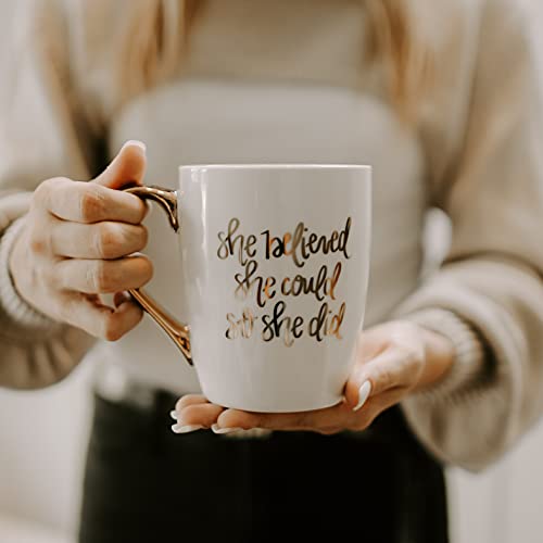 Sweet Water Decor Cute Coffee Mugs With Golden Handle, 16Oz China Coffee Cup With Motivational Quote, Embellished With Real Gold & Microwave Safe, Inspirational Mug (She Believed She Could) #TOP2