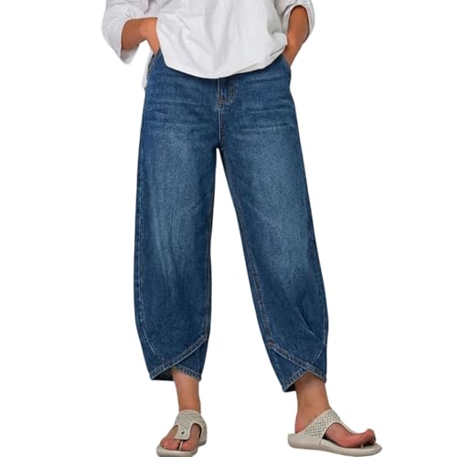 LOSVIP Barrel Jeans Damen Kurzgröße Midwaist Asymmetrisch Tapered Jeans Baumwoll-Polyester Mischung Knitterfrei Formbeständig Denim Hose (Blue XL)