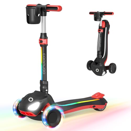 Commugo Electric Scooter for Kids with 3 LED Lighted Wheels, Adjustable Height & Lean-to-Steer, Anti-Slip Deck with Lights, Easy-Fold Mechanism, Balance Scooter for Kids Ages 6-12