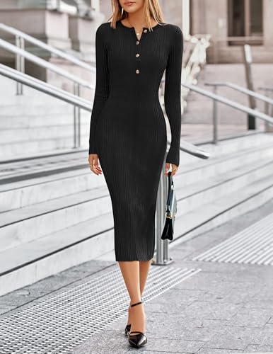 MEROKEETY Women's Long Sleeve Bodycon Sweater Dress 2025 Fall Button Crew Neck Ribbed Knit Midi Maxi Dresses2