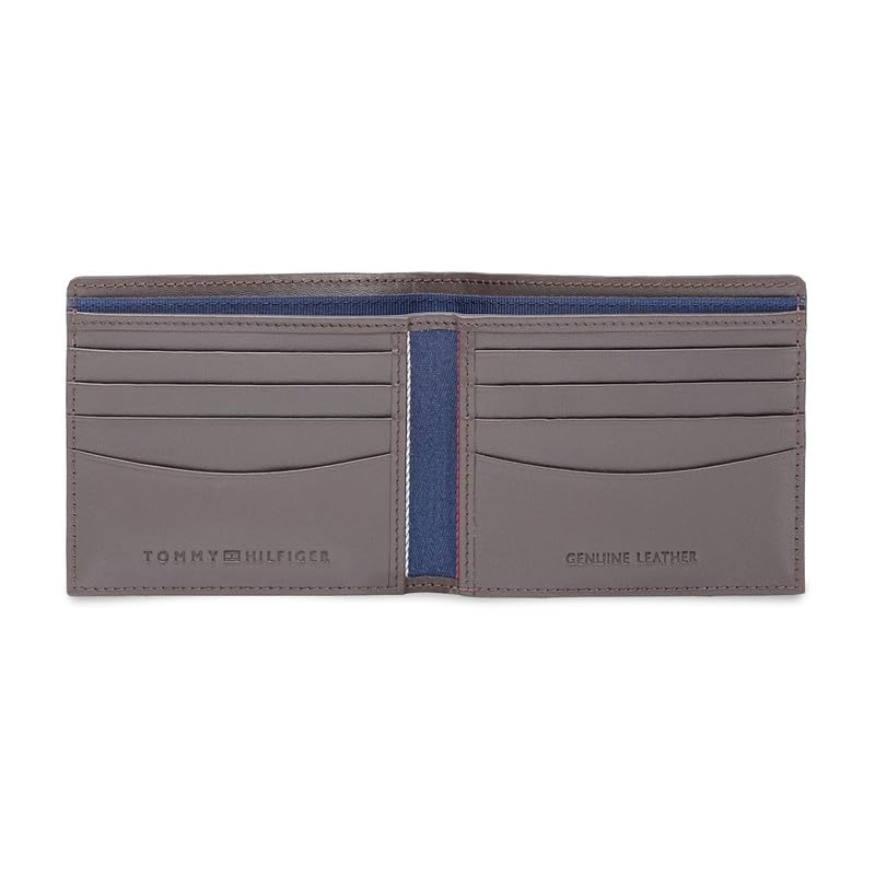 Image of Tommy Hilfiger Men's Leather Wallet Tavros | Brown Laser-Detailed Slimfold Bi-Fold with 8 Card Slots, Coin Pocket | Stylish Purse for Gents