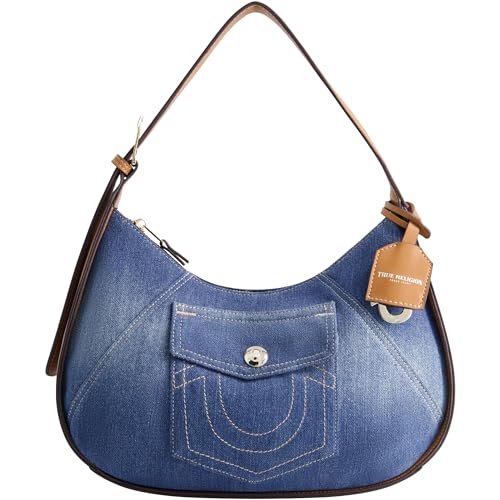 Image of True Religion Women's Shoulder Bag Purse, Medium Hobo Handbag with Front Pocket, Denim