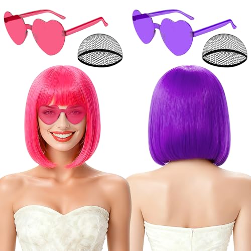 rookea 2 Pack Colored Bob Wigs and Heart Sunglasses Set Purple Hot Pink Short Straight Bob Wig with Bangs Neon Party Colorful Synthetic Hair for Women Men Halloween Costume Bachelorette Party Favors